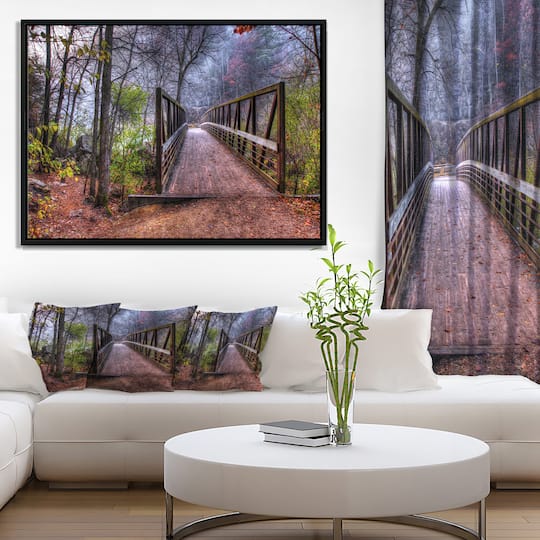 Designart - Beautiful Bridge Over Creek - Landscape Photo Canvas Art Print in Black Frame